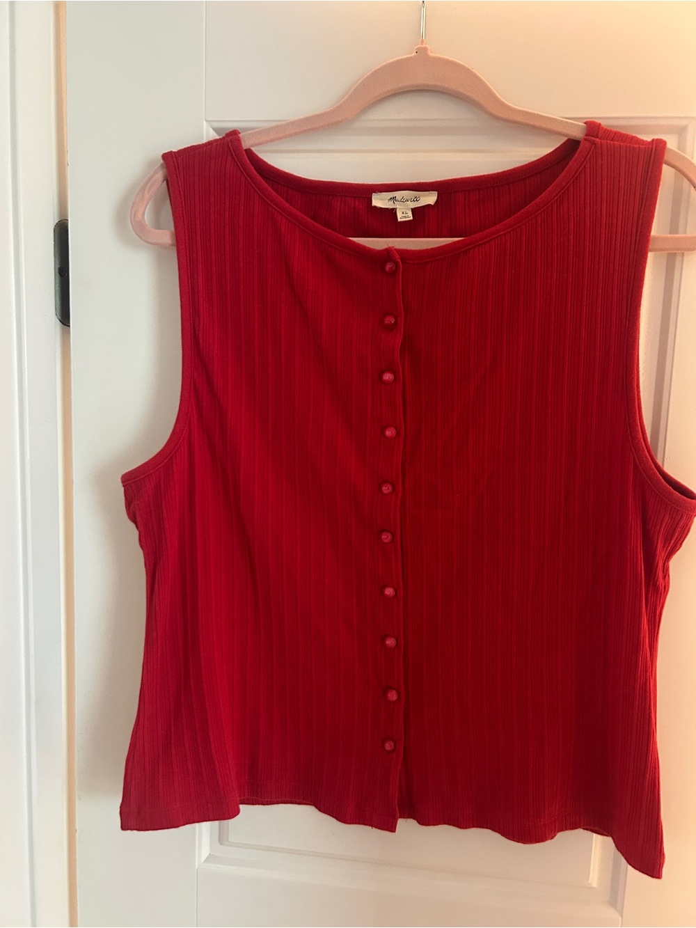Madewell Red Ribbed Button-Front Sleeveless Top